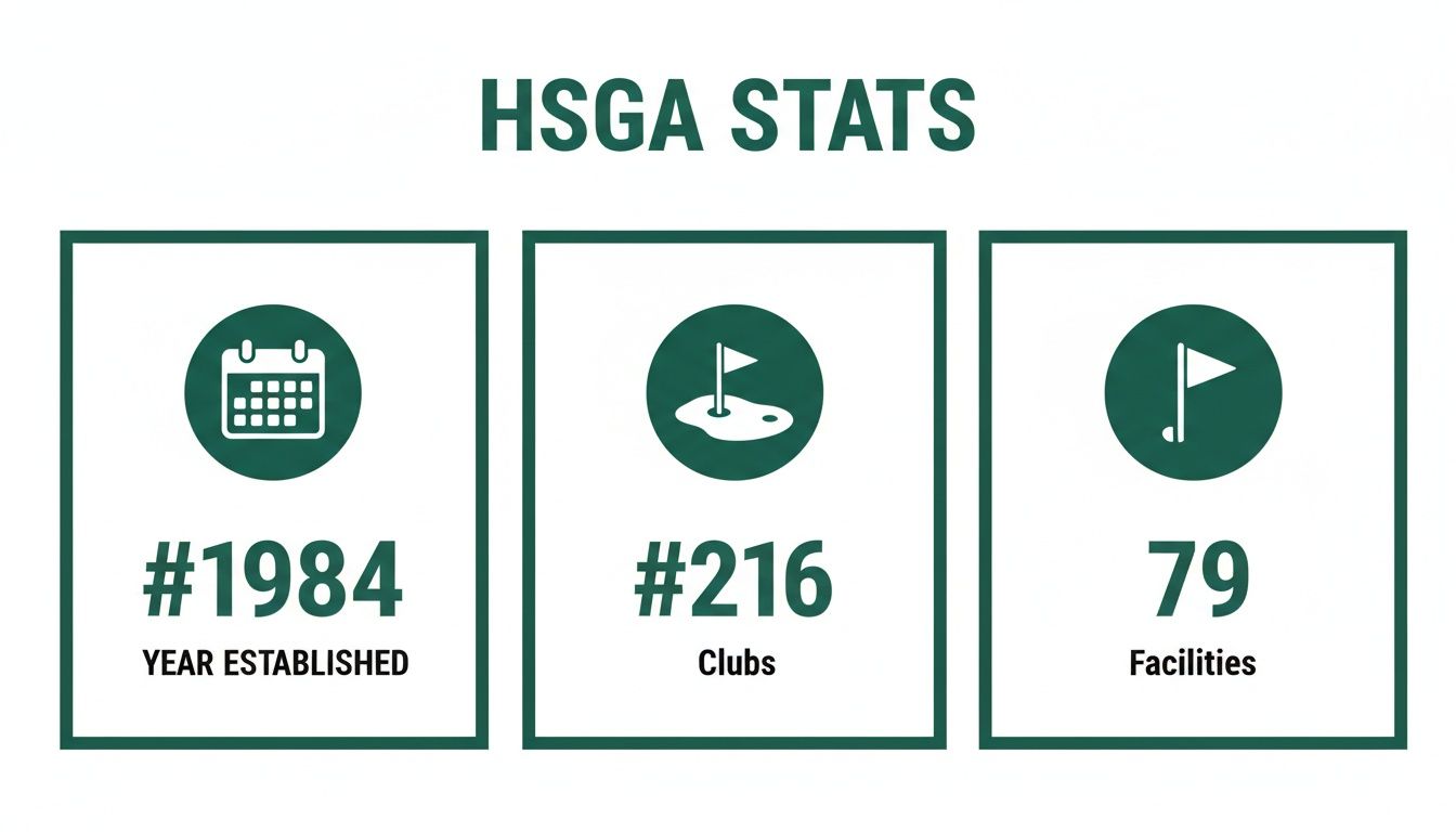 Infographic displaying HSGA golf statistics: year established, number of clubs, and facilities.