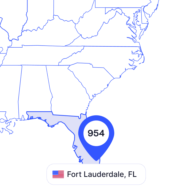 US map of 954 area code phone numbers and its coverage region
