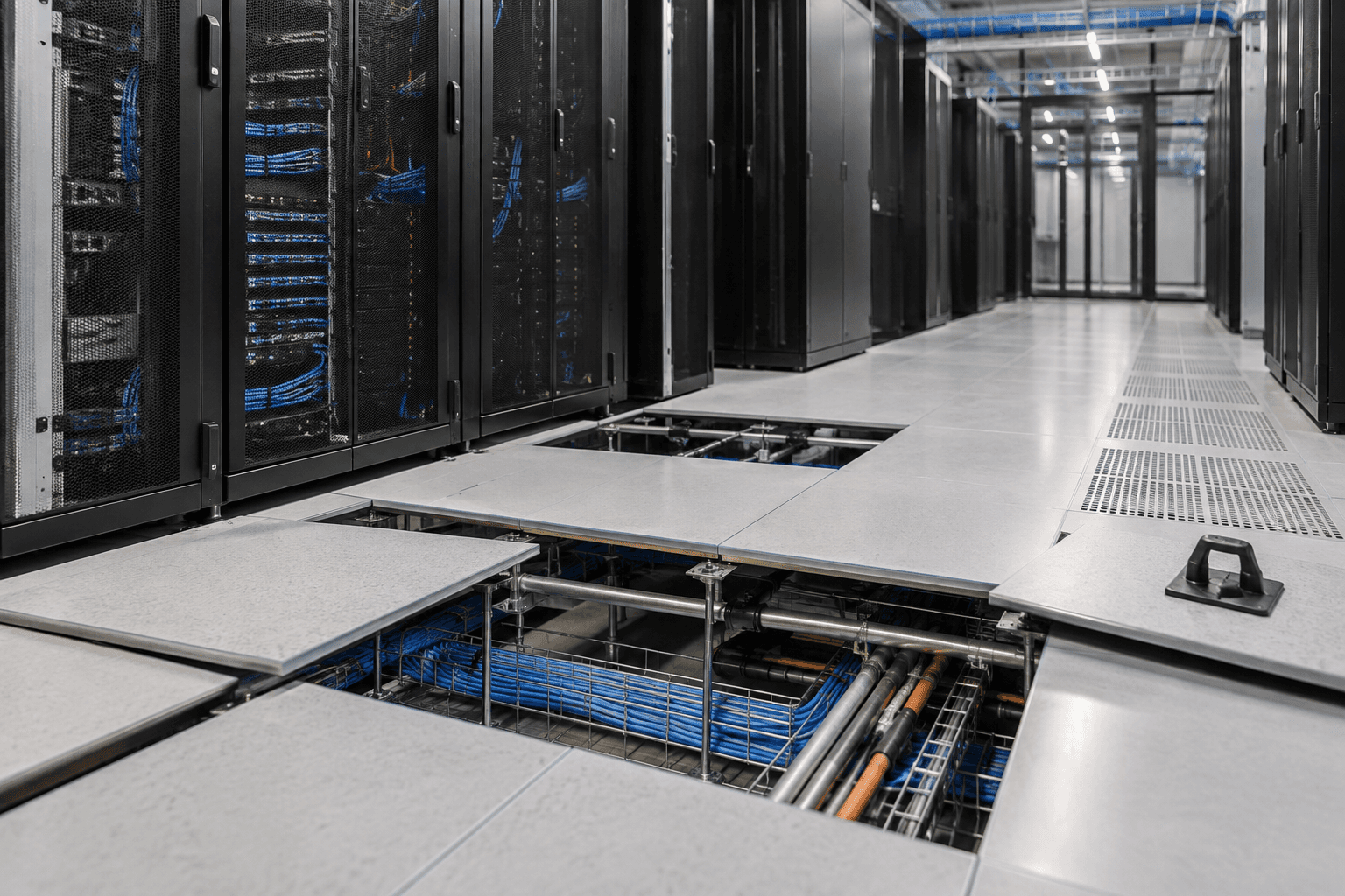 data centre aisle with server racks and several raised floor panels removed, revealing organised cables, cable trays, pipes, conduits and floor supports beneath the access floor.