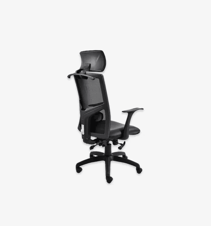 New black executive chair wi headrest and coat hanger; mesh back; and leather seat.