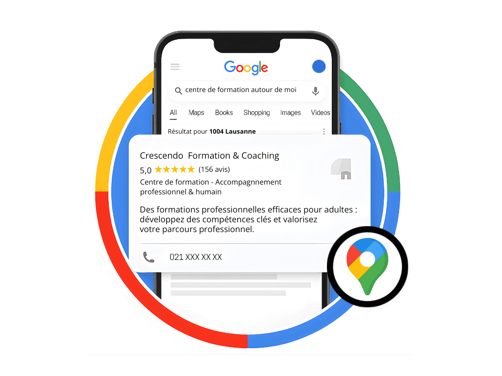 Capture d’écran de la fiche Google Maps de Crescendo Formation, affichant le nom de l’établissement, sa photo, sa note de 5 étoiles basée sur de nombreux avis, l’adresse, les horaires et les options de contact. L’interface montre également la carte et les boutons pour appeler, obtenir l’itinéraire, enregistrer ou laisser un avis.