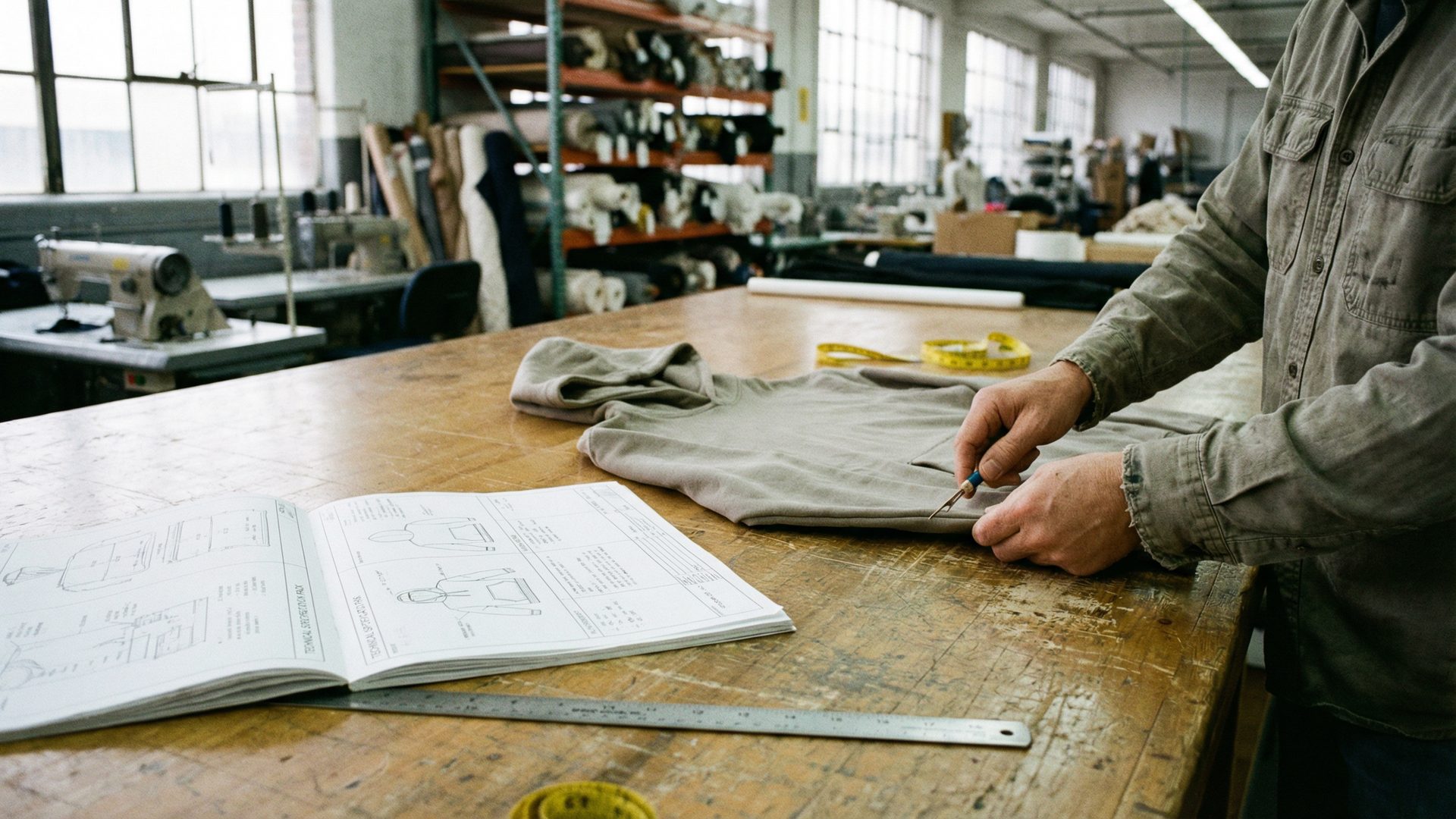 A designer carefully inspecting a first proto sample hoodie, comparing its construction against a detailed tech pack spread on an industrial cutting table, with fabric swatches and a measuring tape nearby.