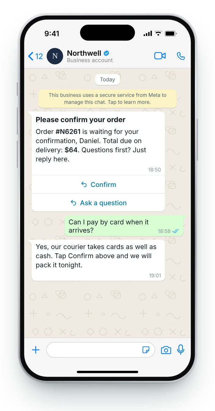 A question answered before confirming: WhatsApp COD confirmation on an iPhone
