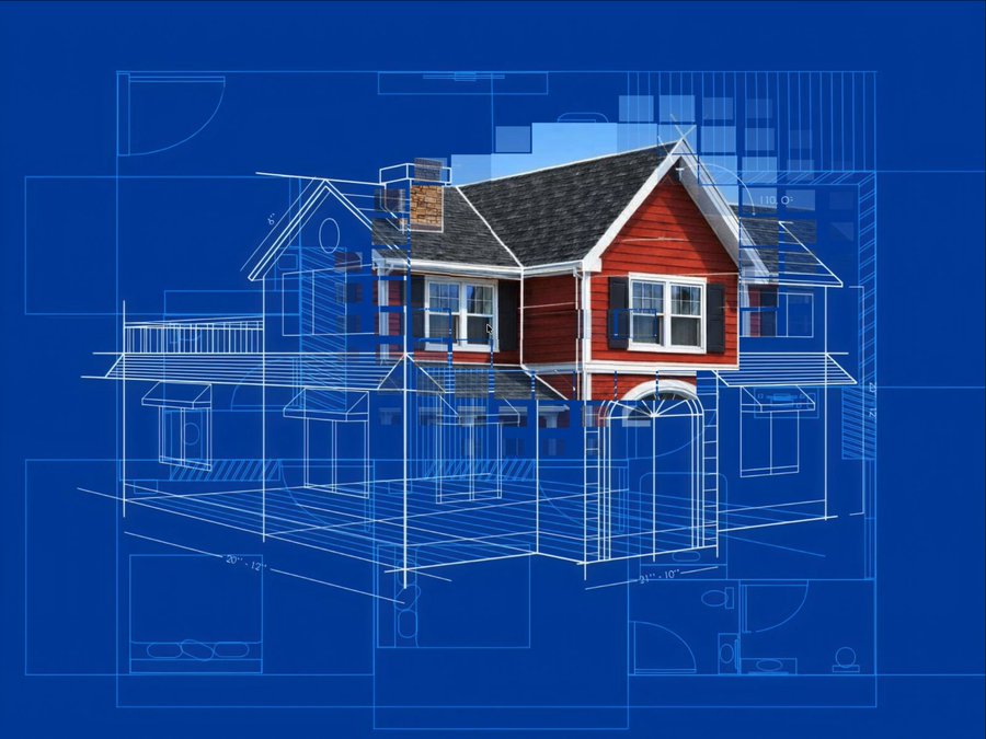 Red house with detailed blueprints overlay.