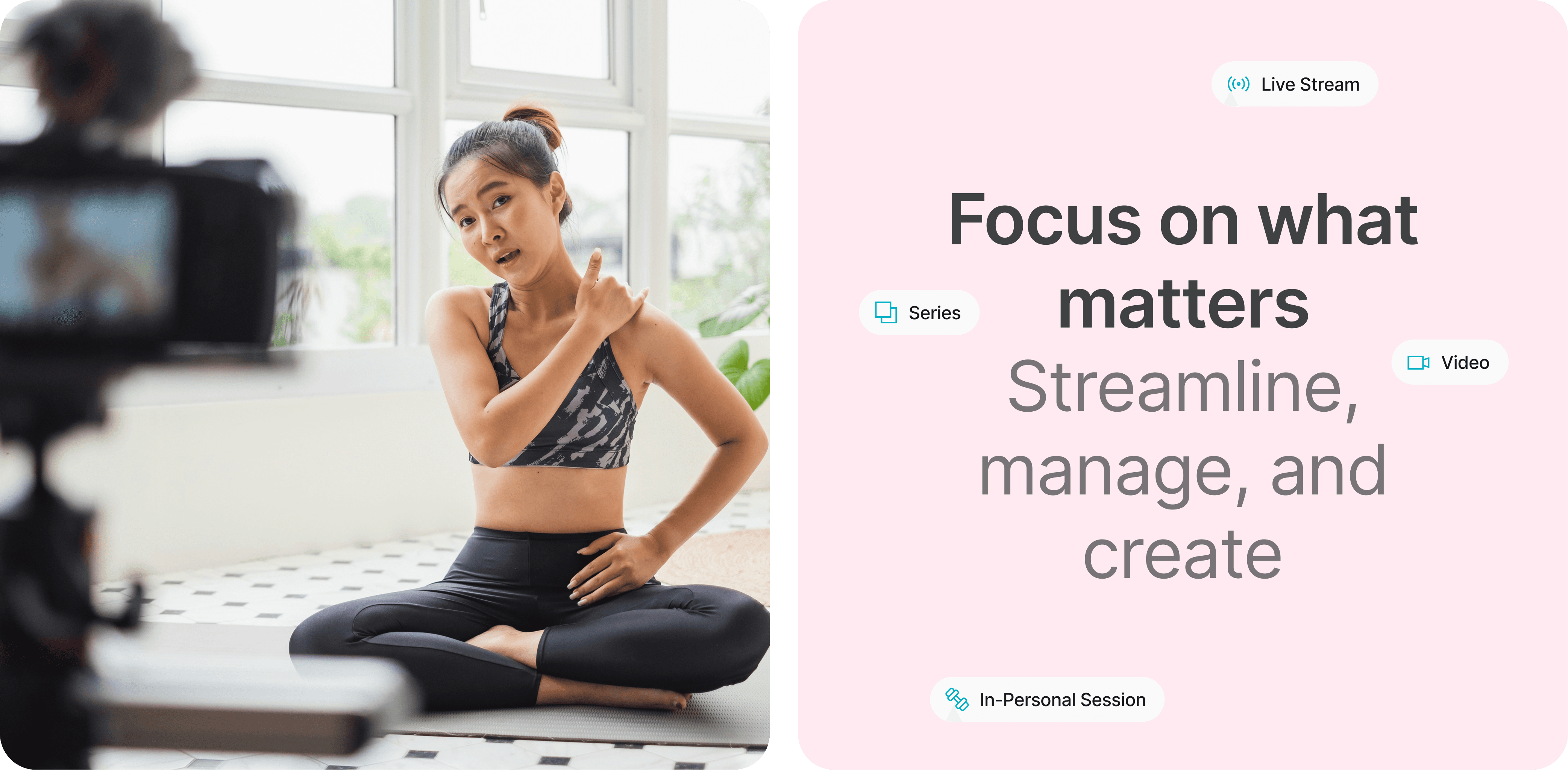 A woman sits cross-legged in front of a camera, focusing on a message about self-discovery and creativity.