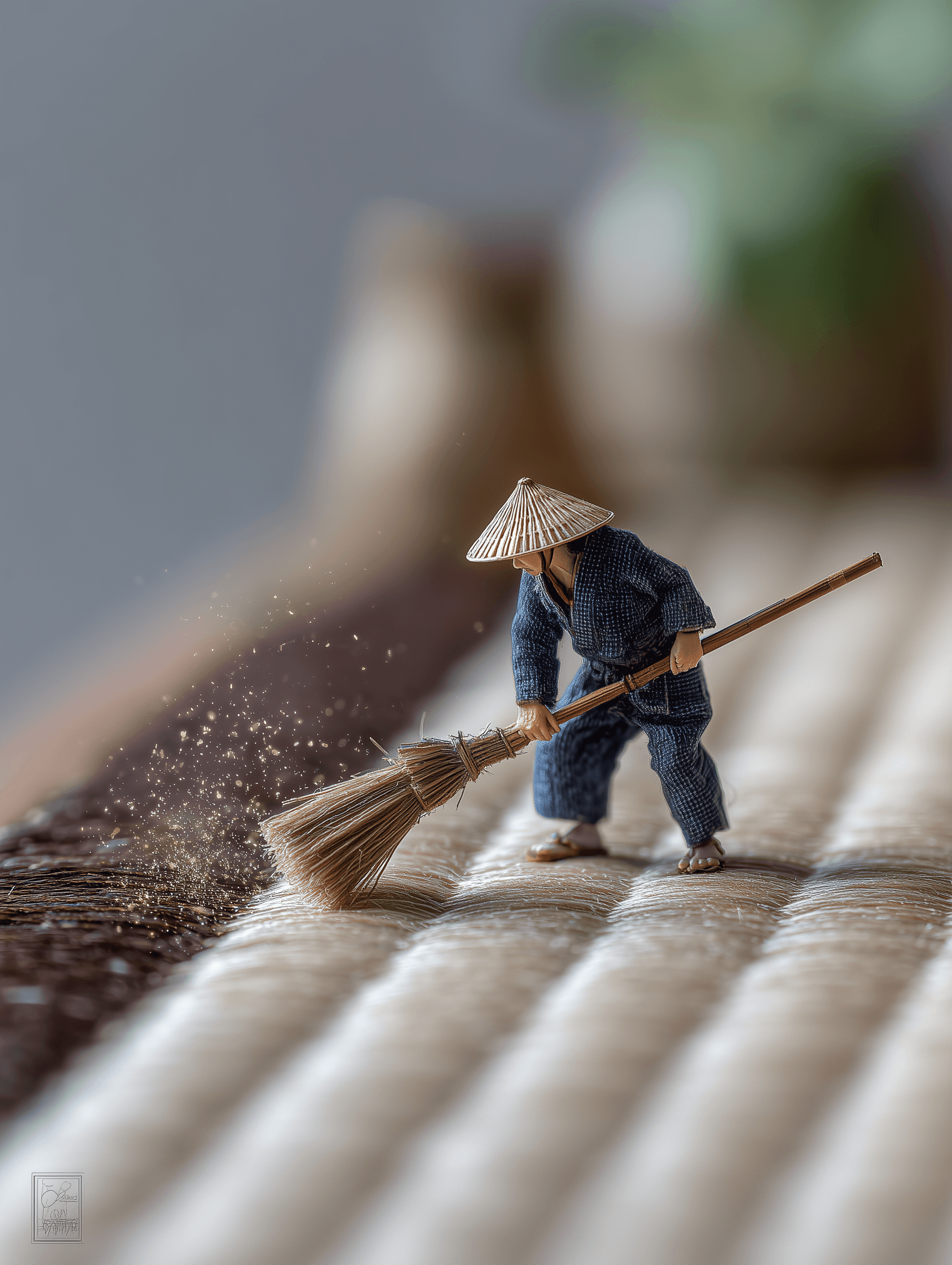 Miniatuurne Aasia mees, kes pühib harjaga.