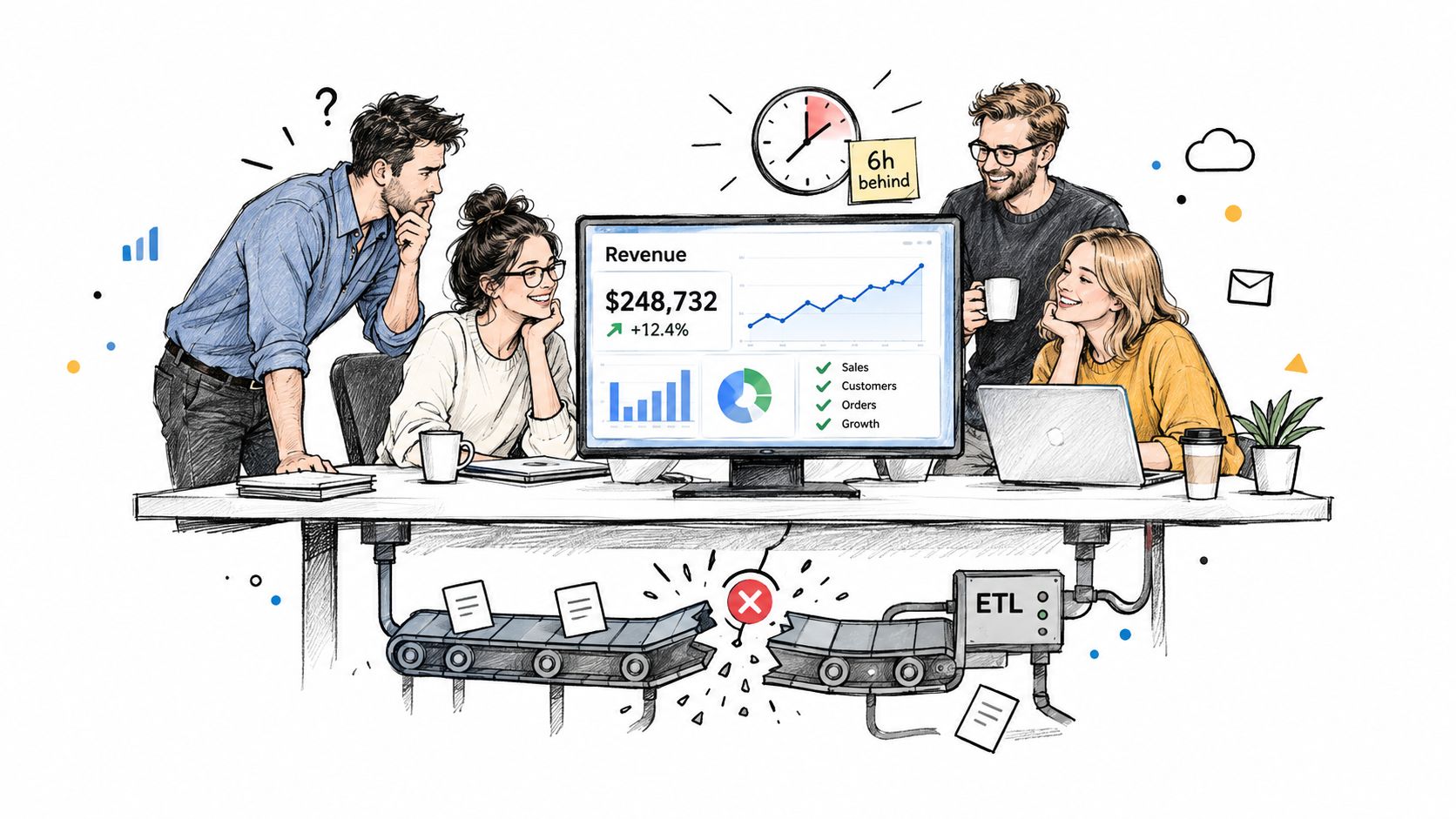 A professional team observes a dashboard displaying business analytics while an ETL pipeline conveyor belt is broken.