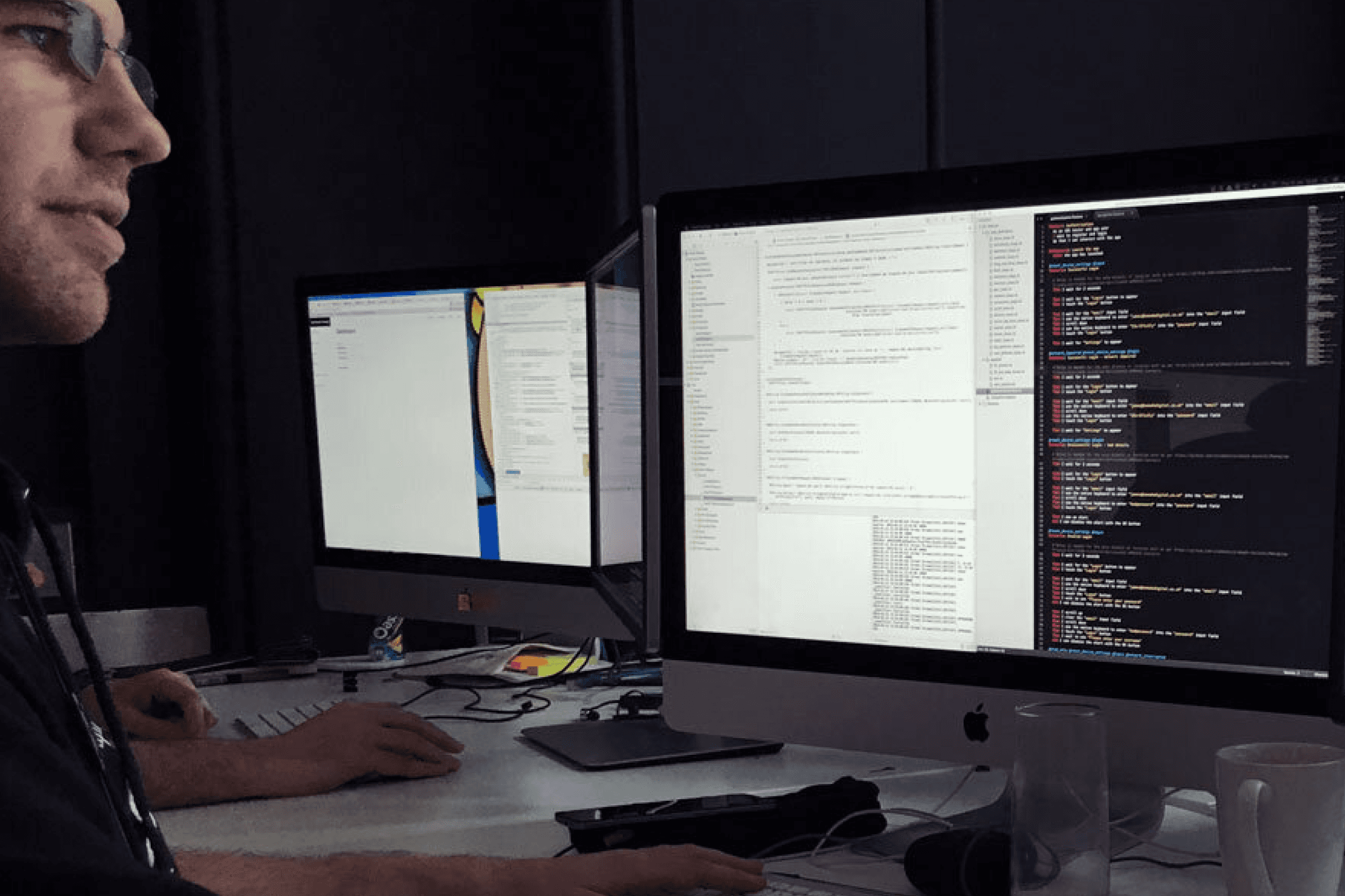 A developer working at a desk with a large monitor displaying a code editor