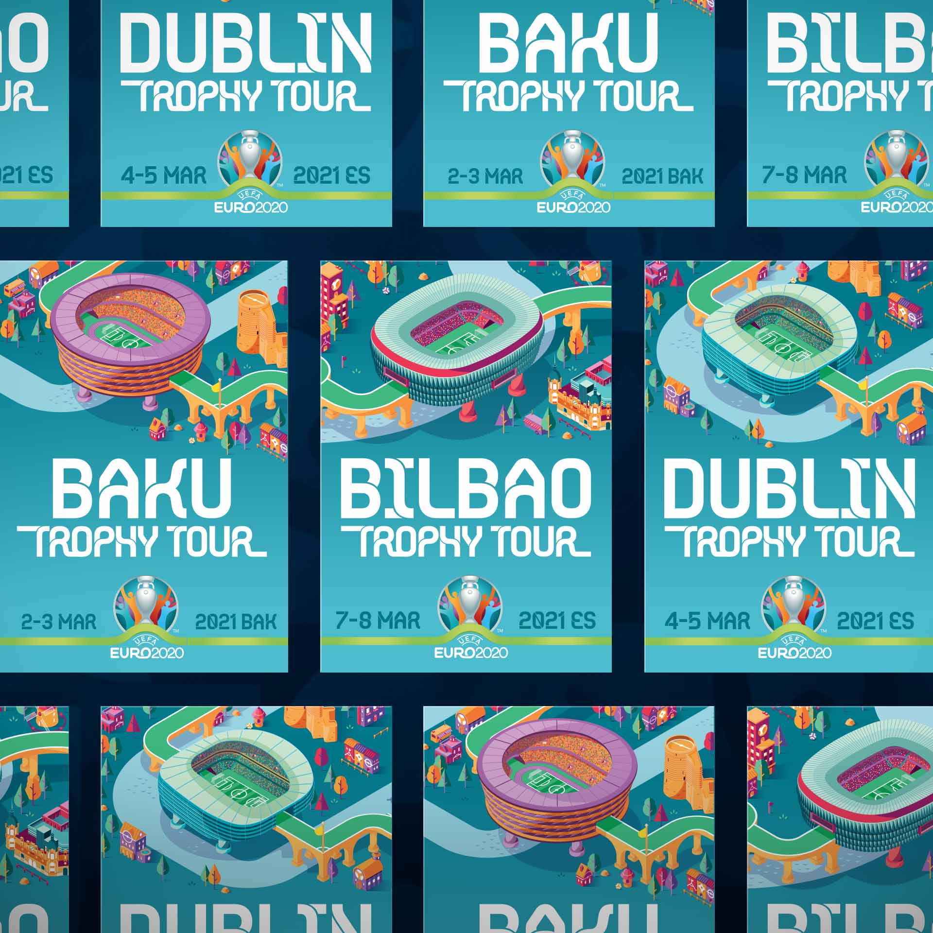 A series of UEFA EURO 2020 posters with 'DUBLIN TROPHY TOUR', 'BAKU TROPHY TOUR', and 'BILBAO TROPHY TOUR' against stylized illustrations of stadiums and dates of the events on colorful backgrounds.