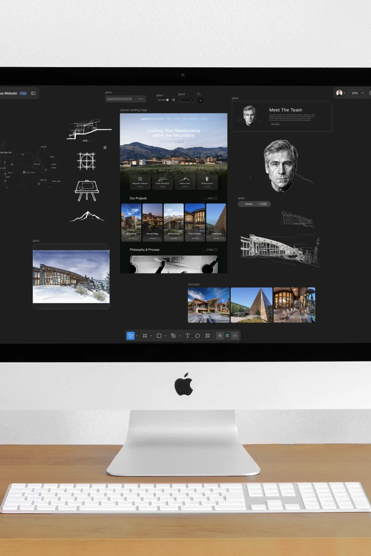 Apple iMac displaying a dark-mode web design layout with architectural imagery and precise grid composition, symbolizing the structure and refinement of the design phase.