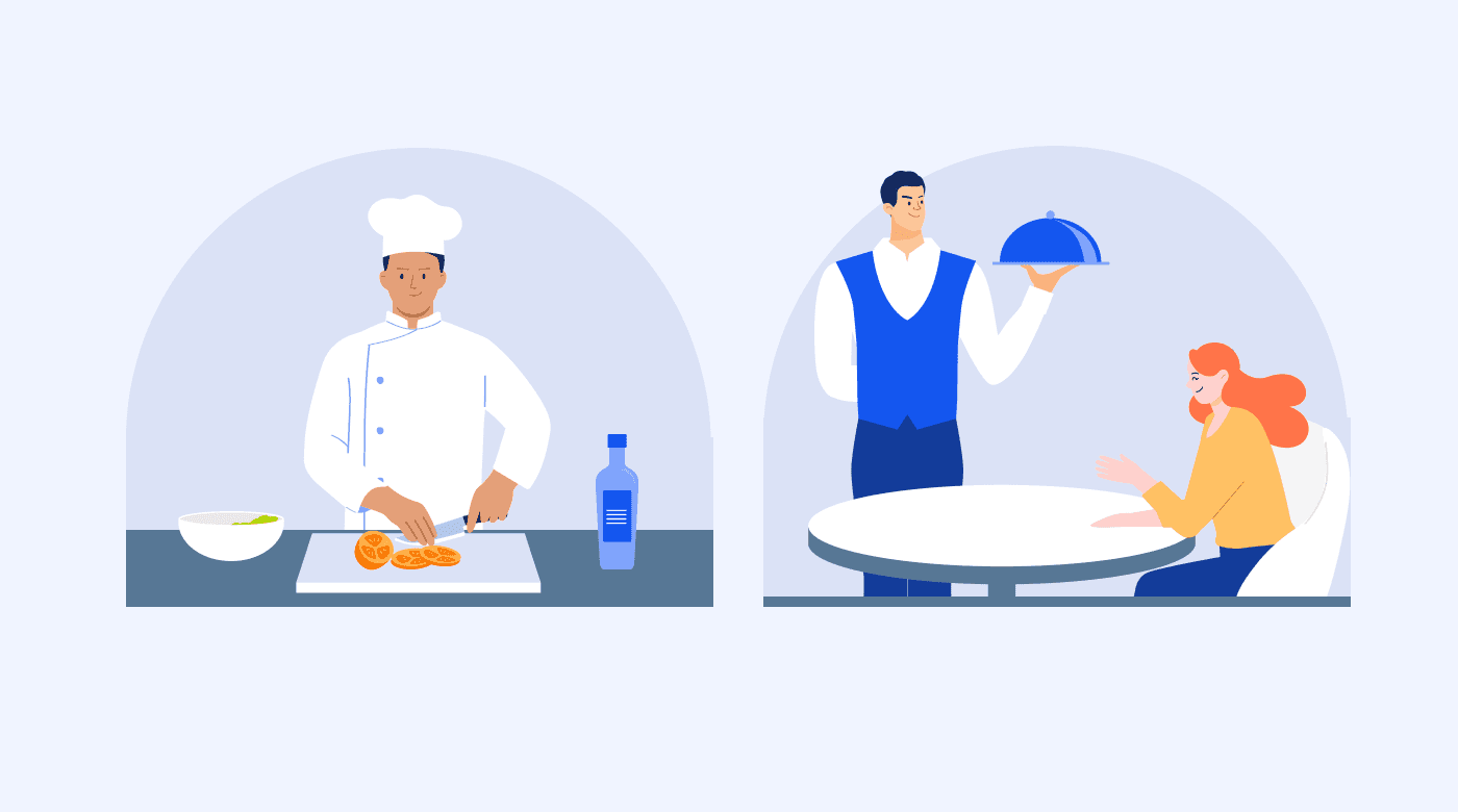 Cooks and waiter in a restaurant