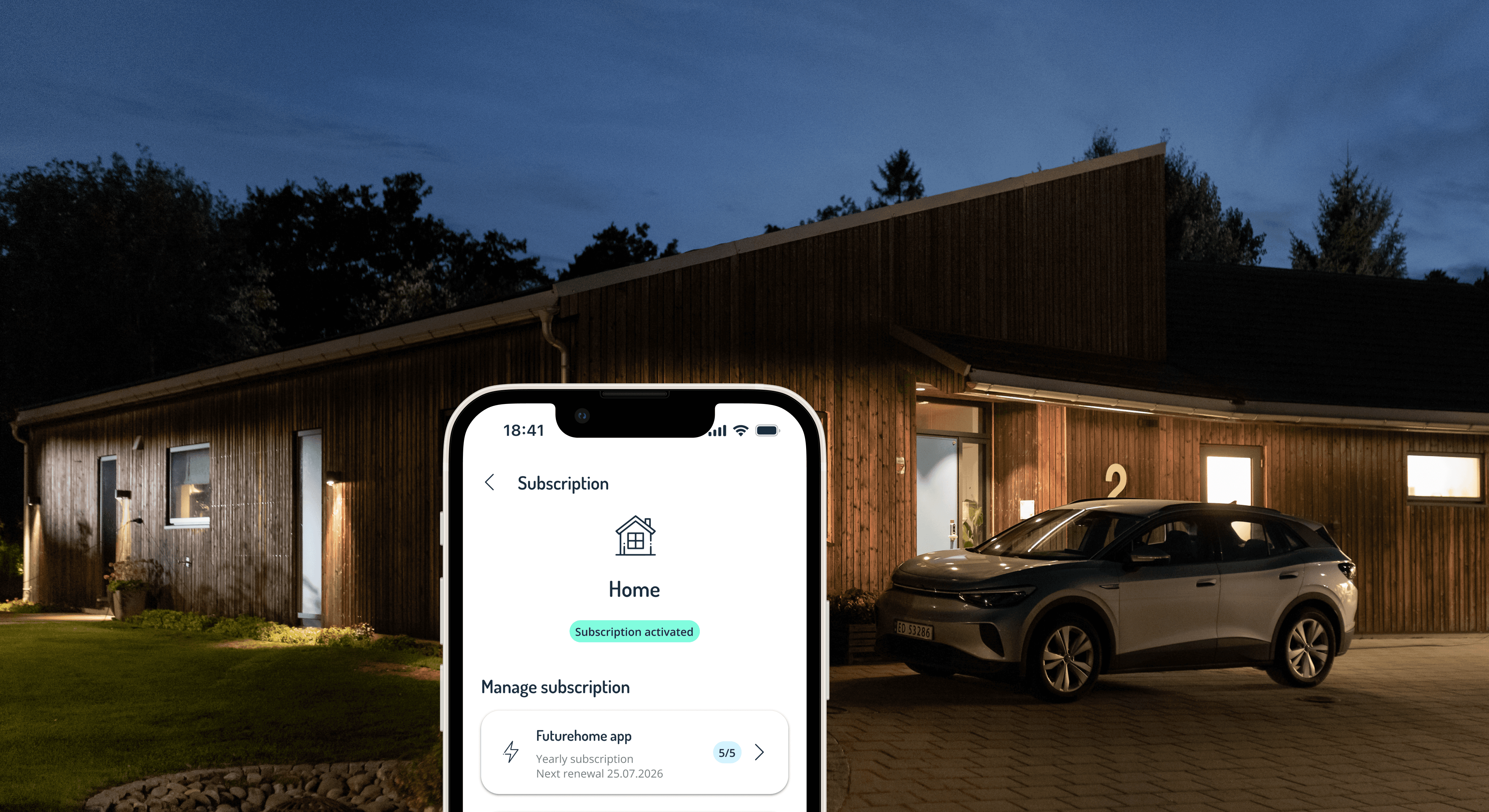 Picture of a modern house and a car  with mobile app screen