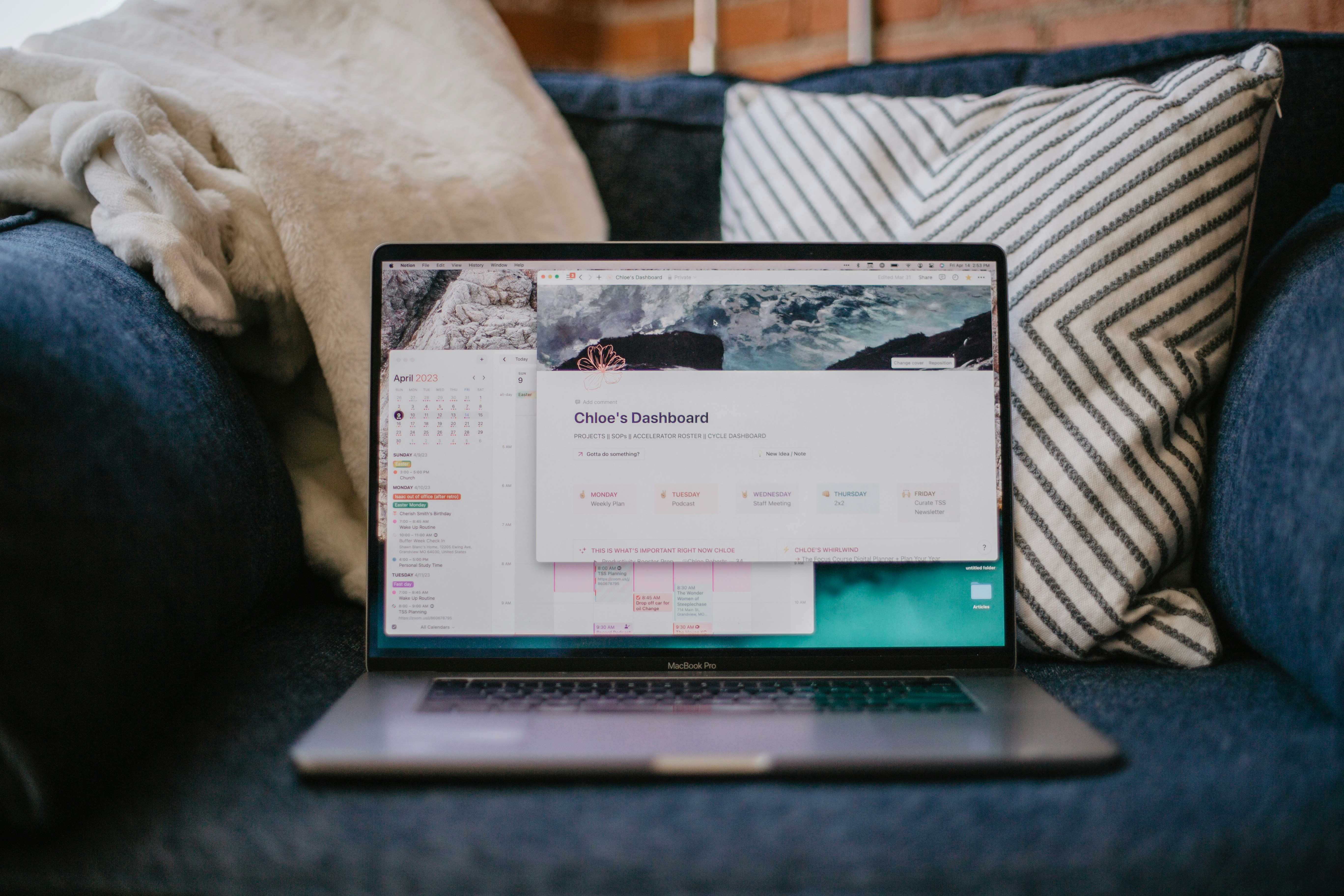 A laptop displaying a Notion workspace with template layouts open