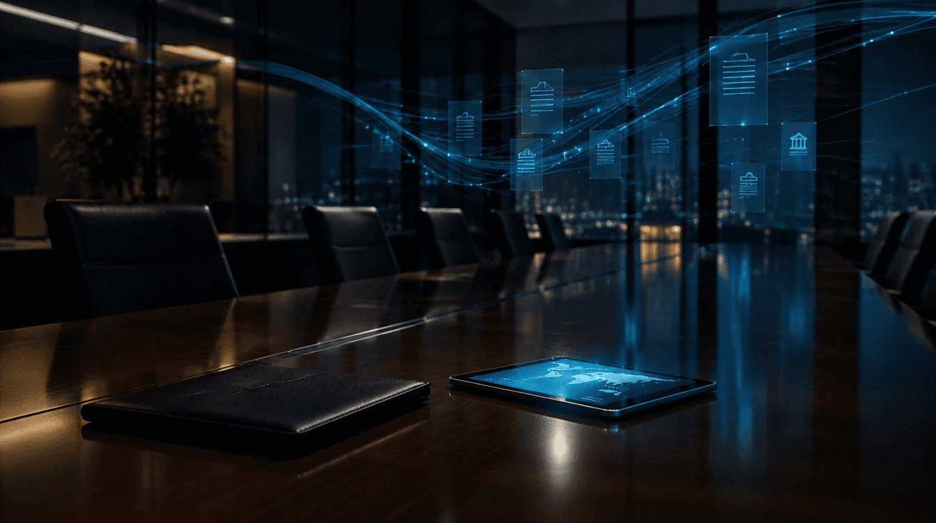 Boardroom table with a closed folder and a glowing tablet, symbolising board-level cyber oversight