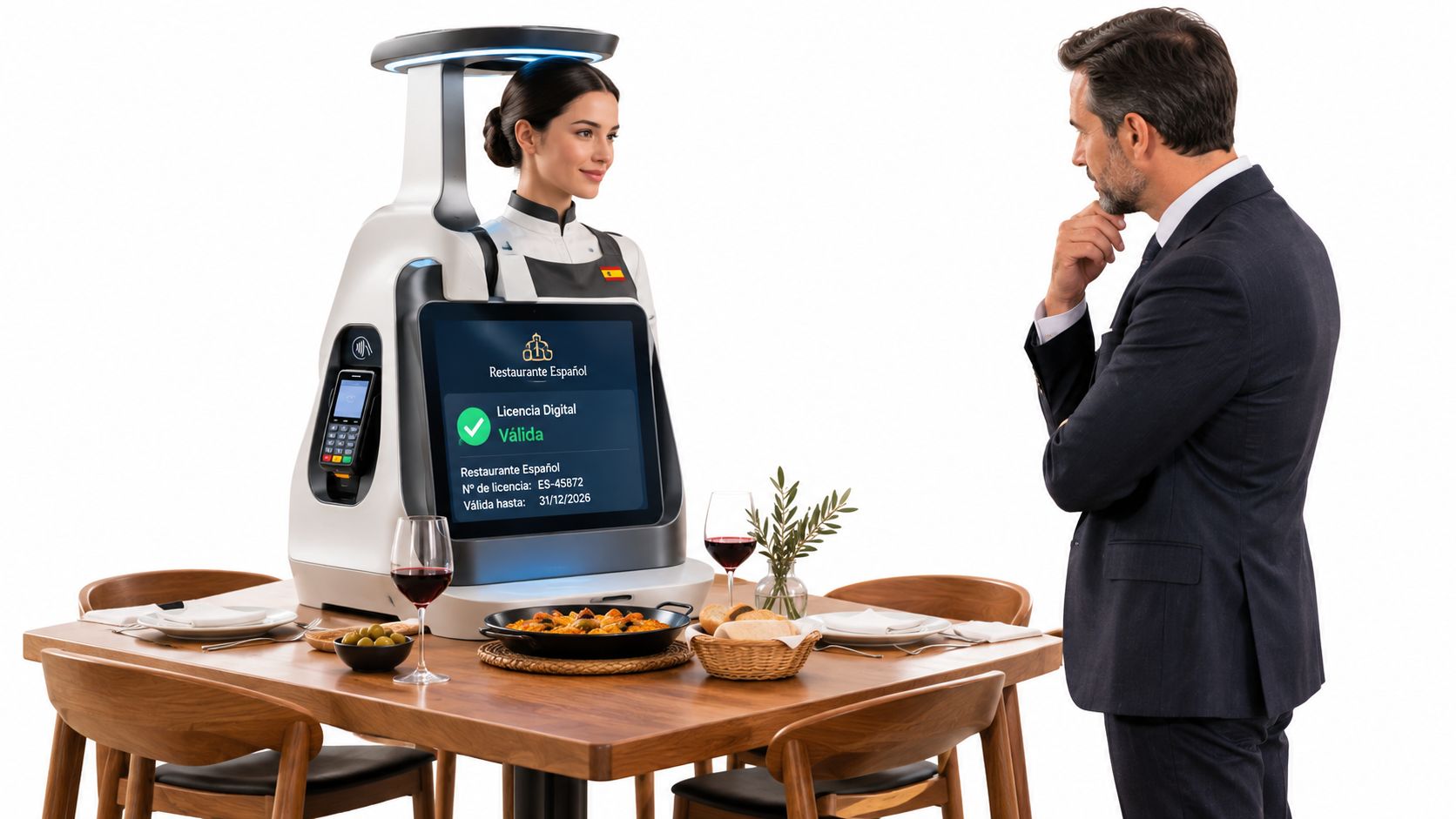 Un camarero robot interactuando con un cliente en un restaurante mientras sirven comida española sobre la mesa.