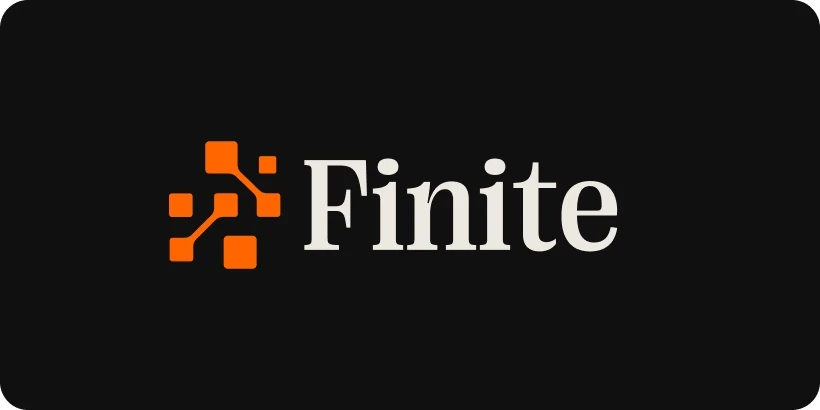 Finite orange network symbol and serif wordmark on black