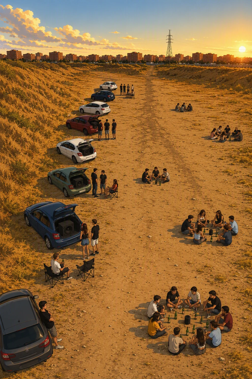 Vista desde muy arriba de un descampado de tierra al atardecer. A la izquierda, una hilera de coches aparcados de cualquier manera, algunos con el maletero abierto y un altavoz grande dentro. A la derecha, corros de chavales sentados en el suelo. Al fondo, bloques de pisos y una torre eléctrica.
