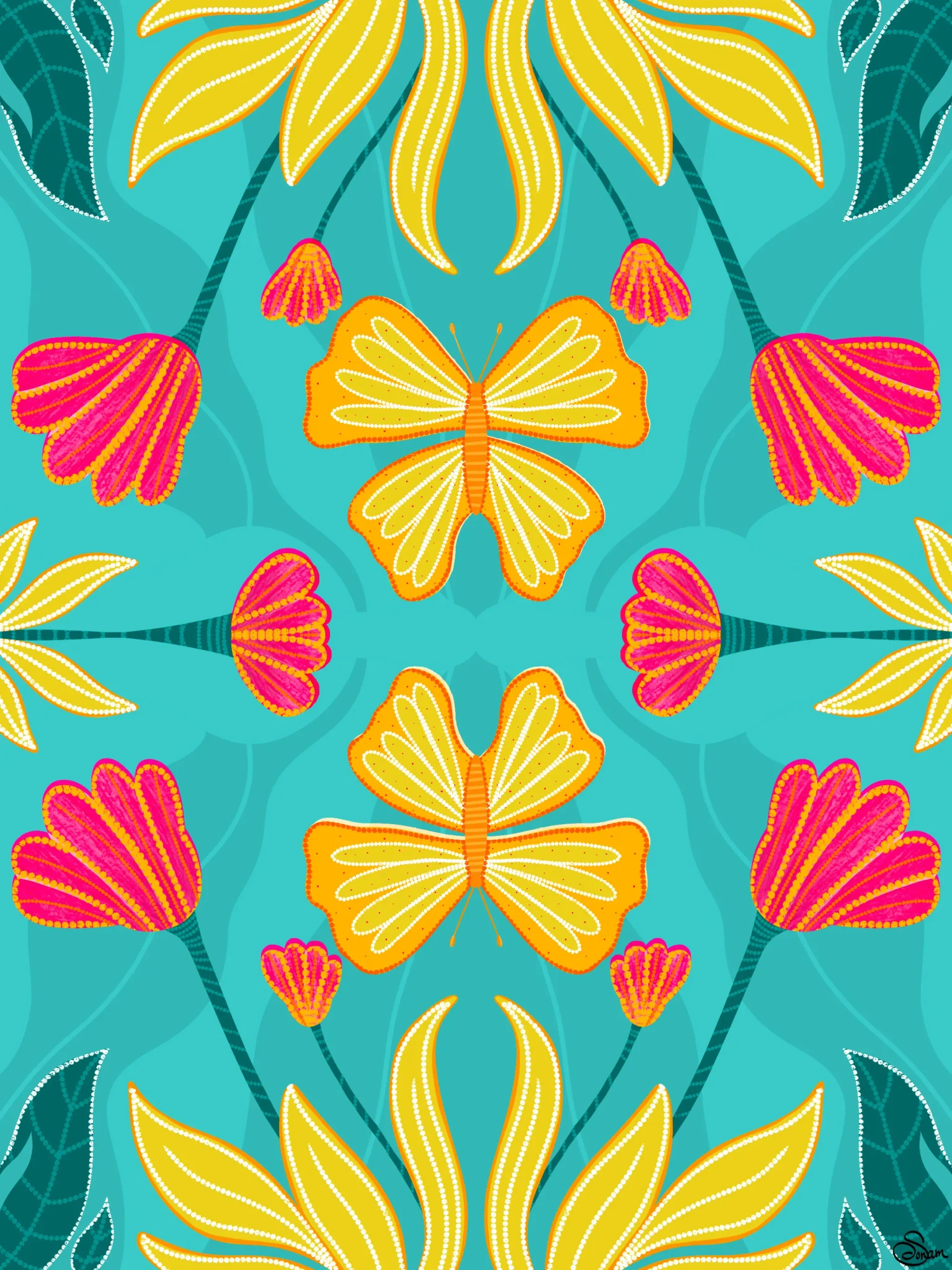 Hispanic drawing inspired by Spanish culture. Digital drawing. Digital art. Yellow butterflies with large pink flowers and leaves around. Bright ocean color background with bright butterfly and flowers all over.