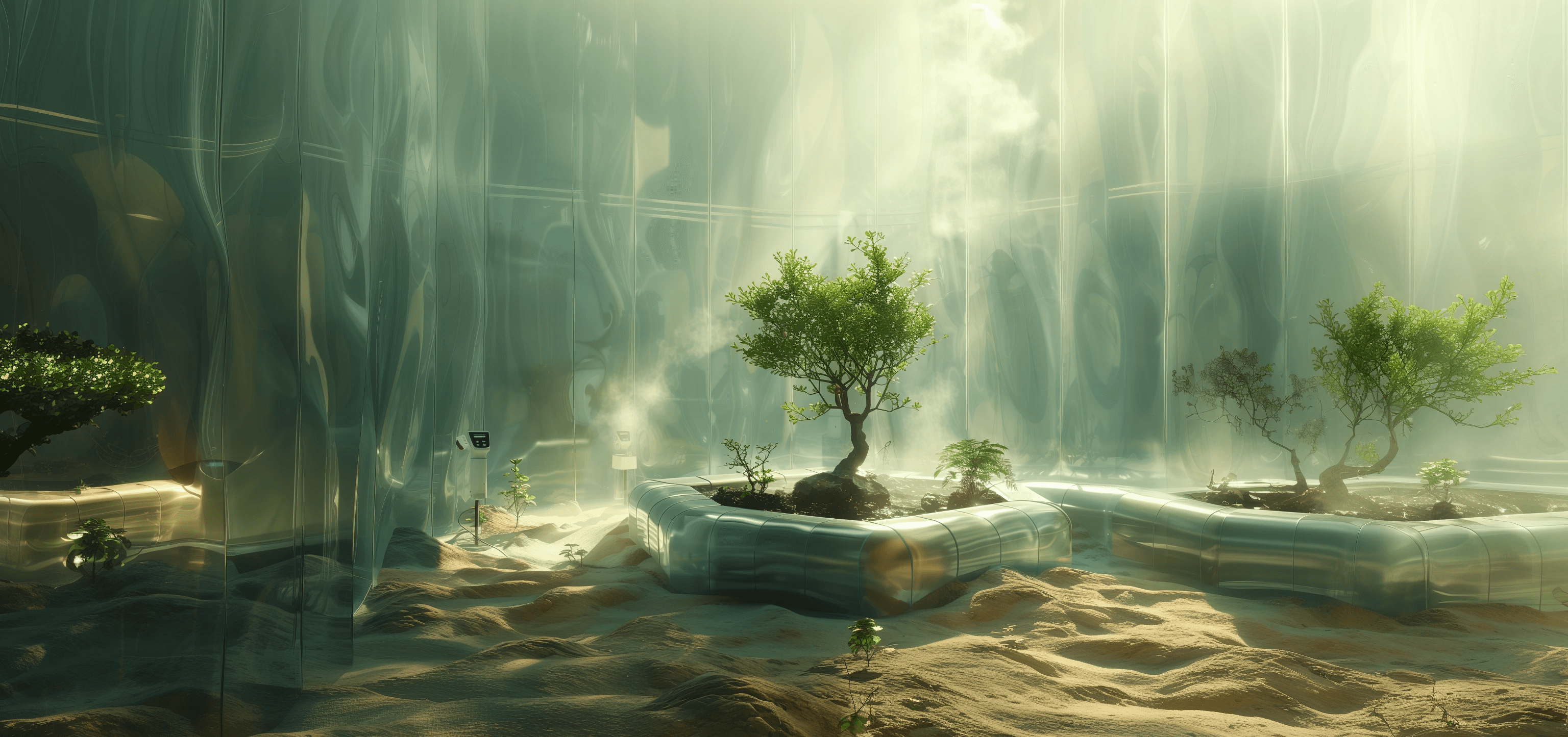 A large bonsai-style tree inside a futuristic, spacious glass greenhouse filled with steamy vapour and advanced monitoring technologies.