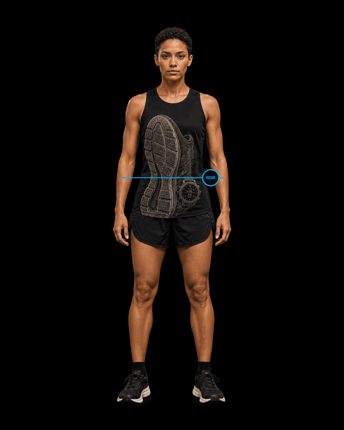 Front view of a female road runner wearing the black Valkyrie Formation road-running kit concept with an engraved road shoe, outsole tread and GPS watch.