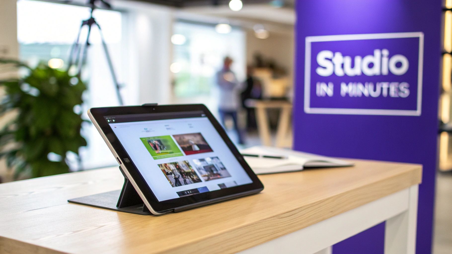 A tablet displaying a website with various images on a wooden table, near a 'Studio IN MINUTES' banner.