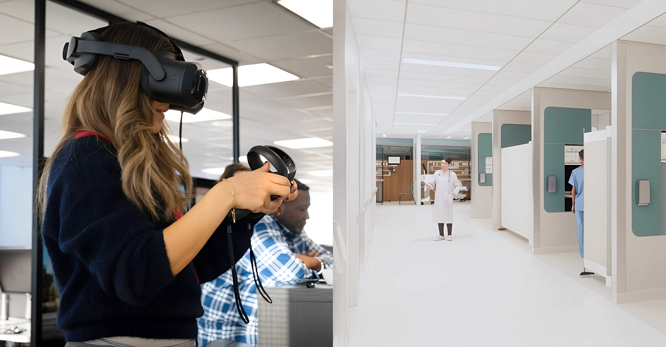 Split image showing a designer wearing a VR headset reviewing hospital layout plans alongside the corresponding virtual 3D walkthrough of a clinical corridor