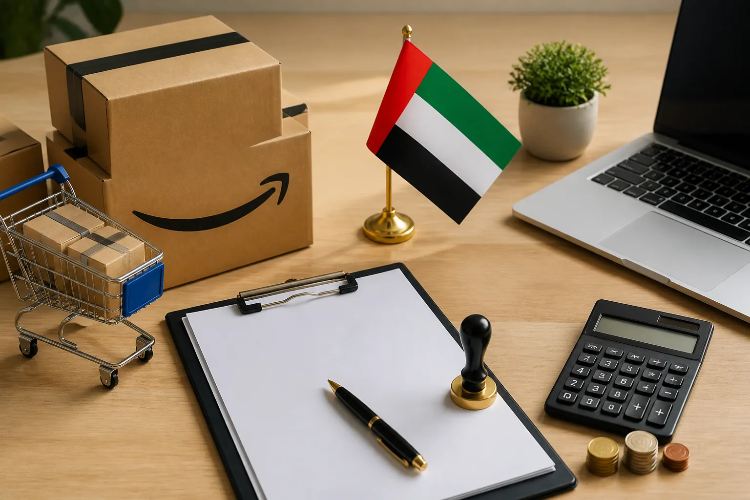 Amazon FBA Business Setup in Dubai beside an itemised cost breakdown with stacked coins and