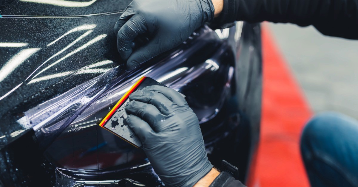 A close-up of gloved hands pressing a clear protective film onto a car headlight with a small squeegee.