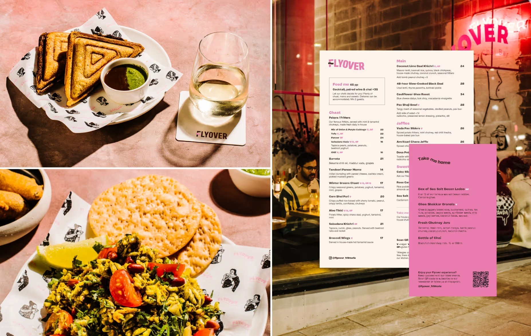 Grid of Flyover photography and design work: a jaffle and wine on a branded napkin, a bhel puri salad plate, the printed menu, and a pink 'Take me home' retail insert card.