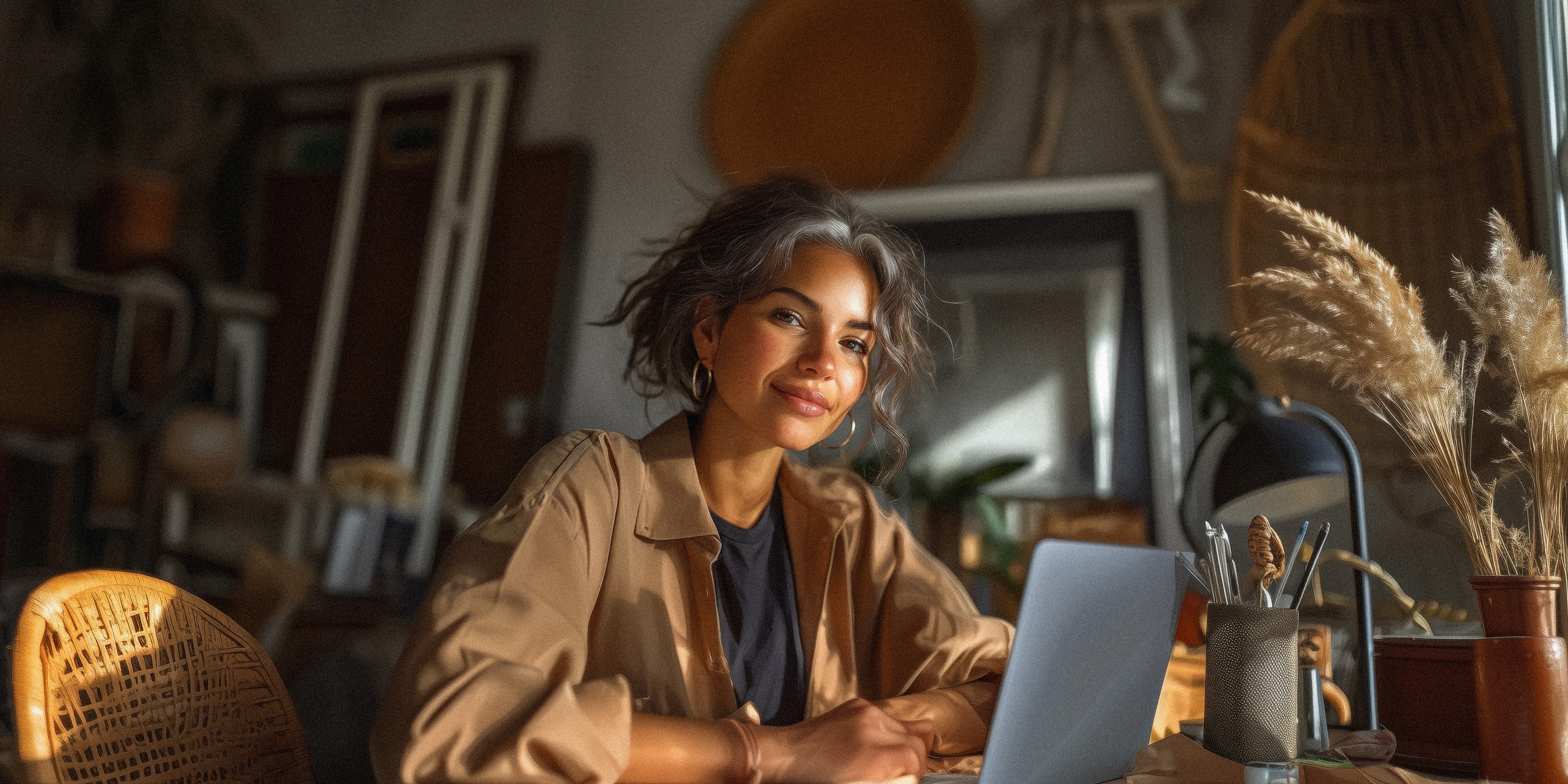 A product manager, sitting in her office, dressed casually. Candidate for a job, looking confidently in the camera.
