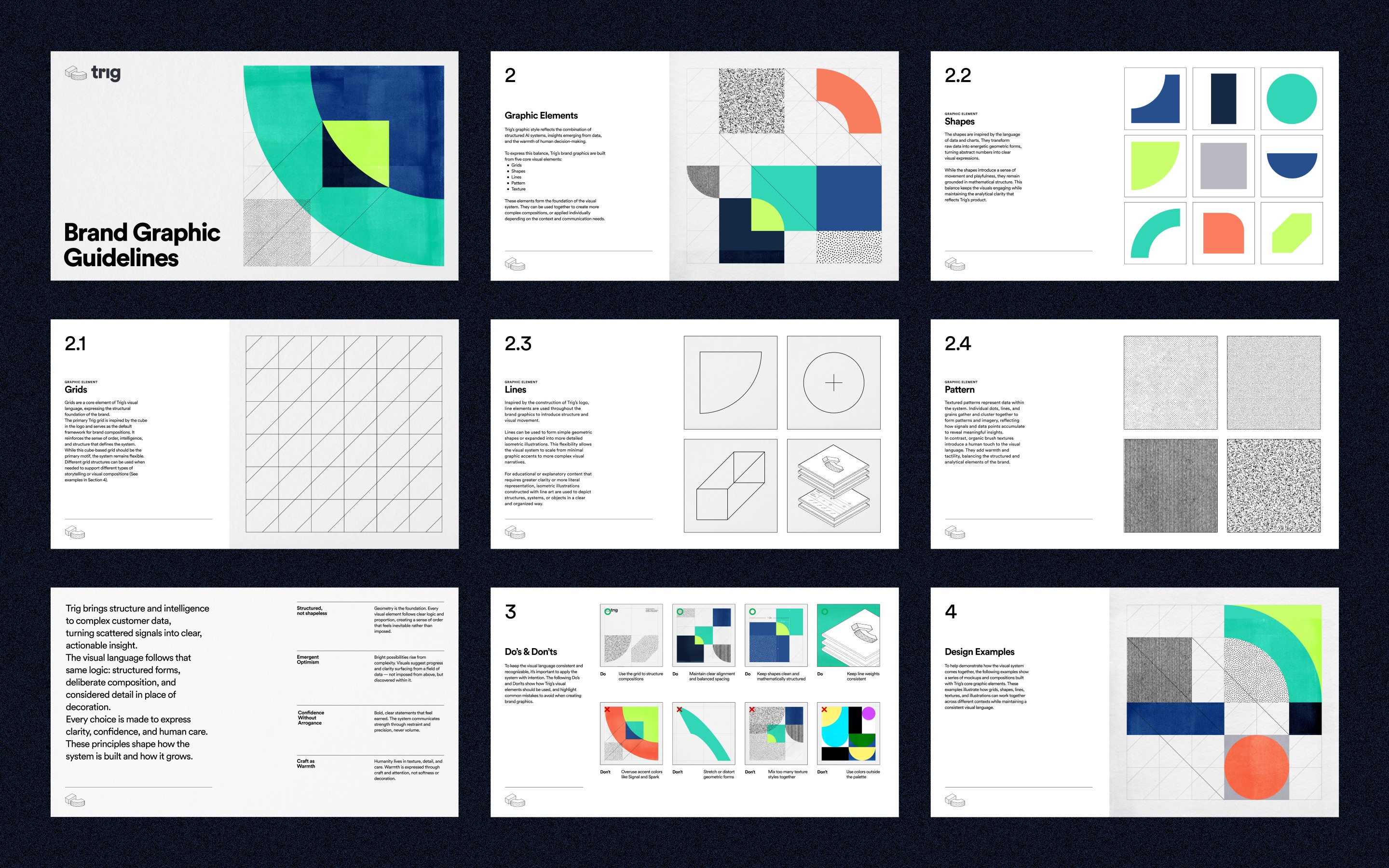 Trig.ai brand graphic guidelines document showing grids, shapes, lines, patterns, and textures across nine layout pages.