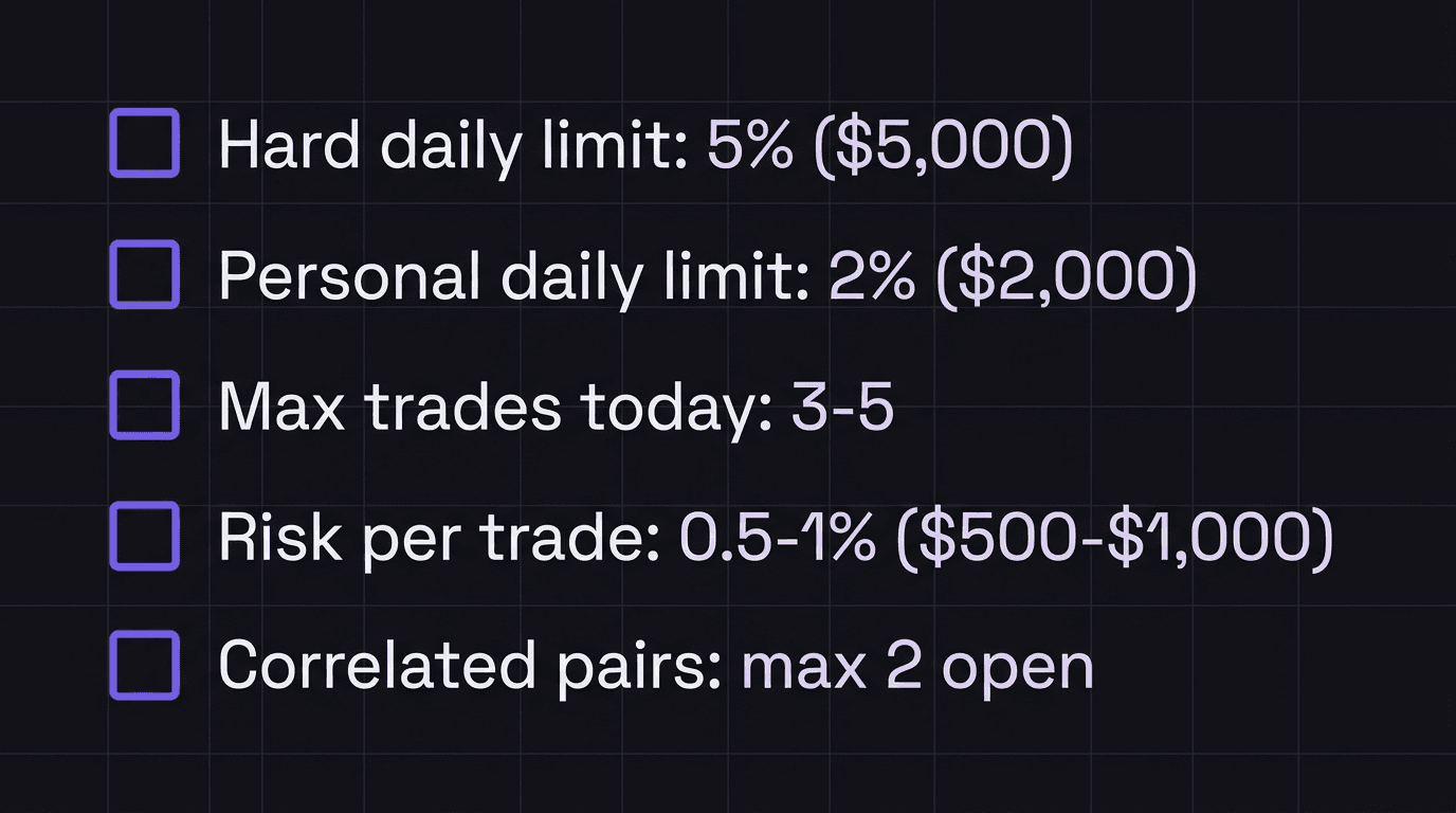 Checklist showing pre-session daily loss limit setup with hard limit, personal limit, max trades, risk per trade, and correlation rule
