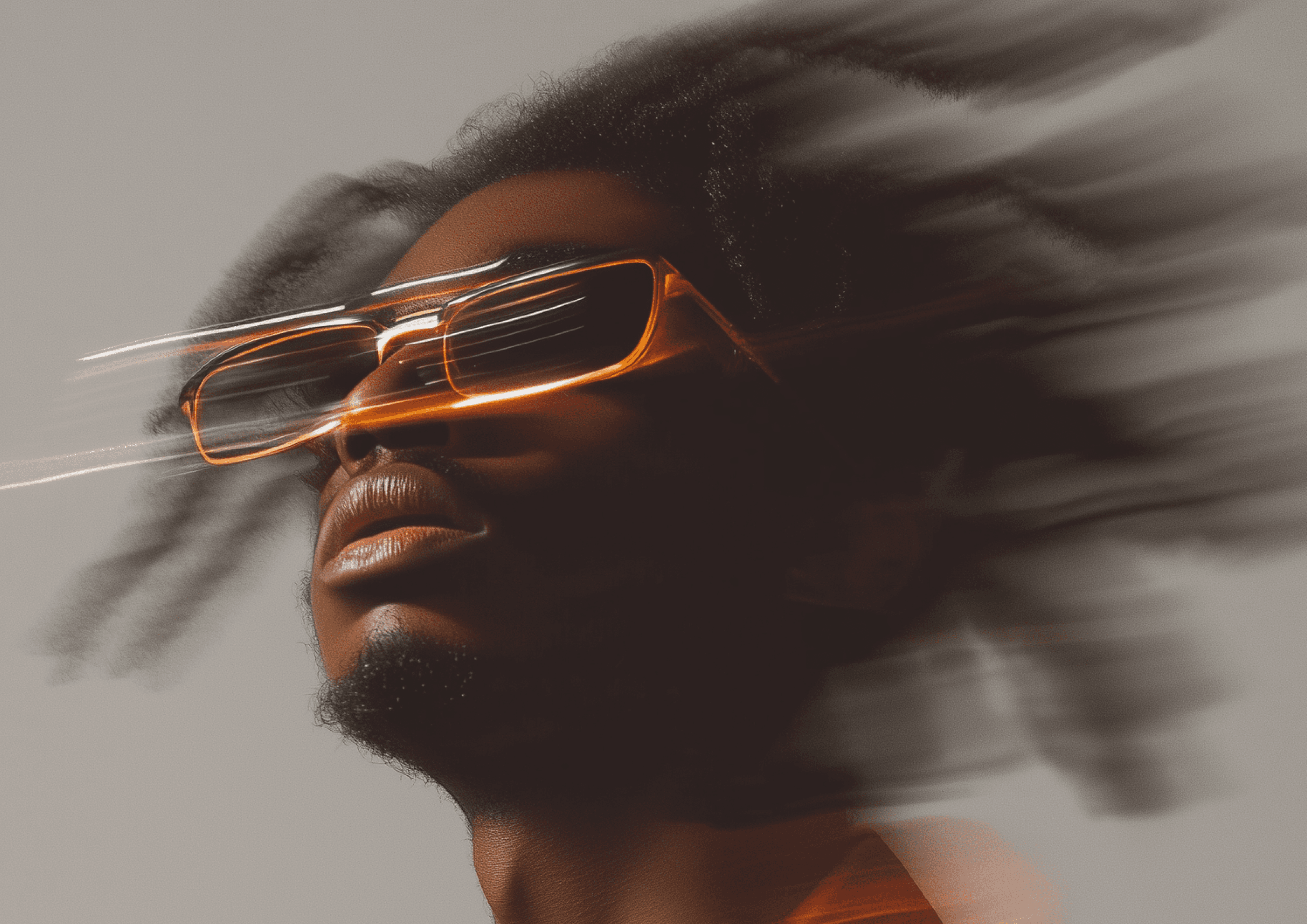Abstract portrait of a man with glasses and light trails.