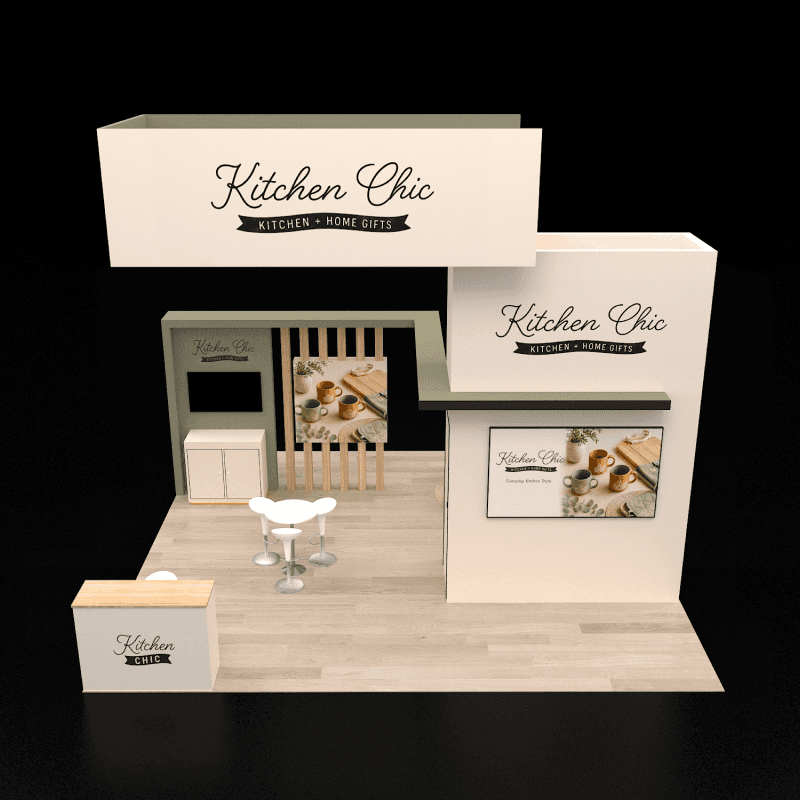 20x20 consumer product showcase booth with lifestyle graphics and display fixtures