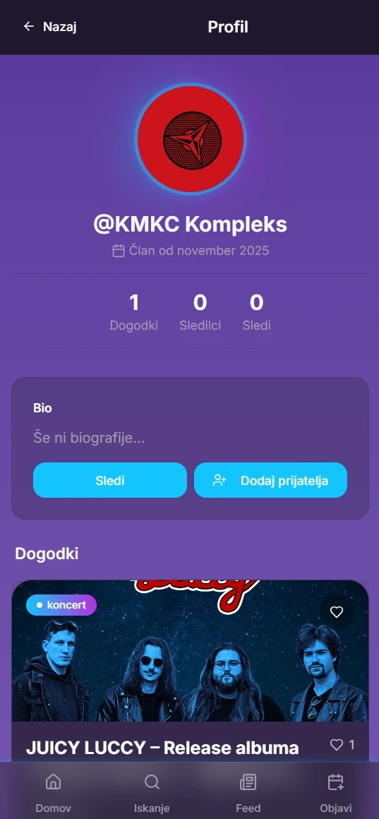 Prikaz izbranega organizatorjevega profila na aplikaciji gos