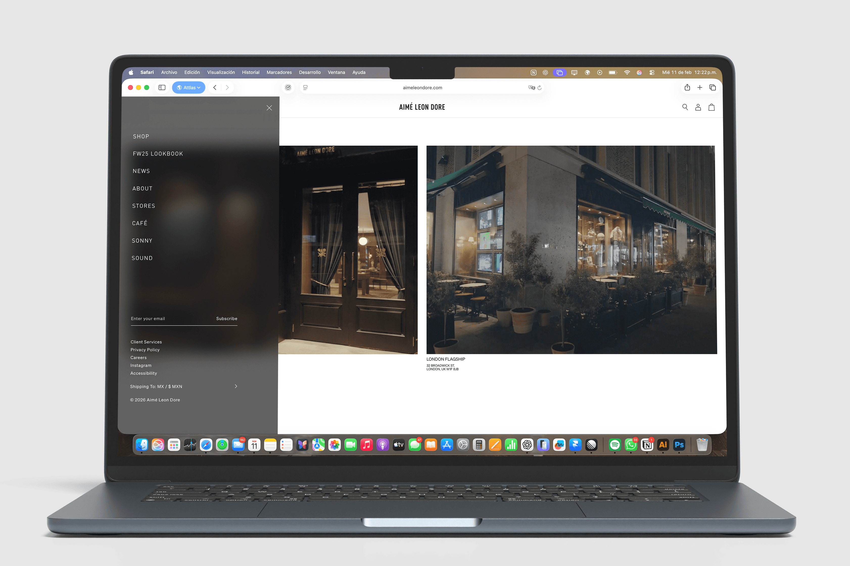 Aimé Leon Dore ecommerce website with storefront imagery and navigation menu overlay.
