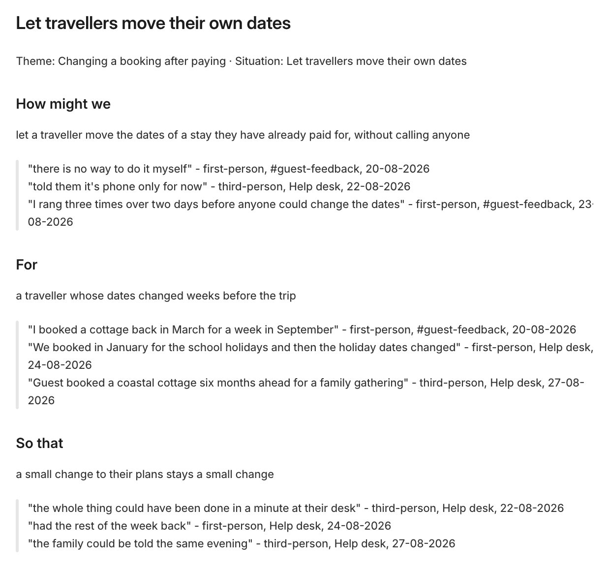 a delivered How might we in Linear, demo account (Acme Stays) · the theme line and the three headings How might we, For, So that, each with its quotes · cropped above Confidence
