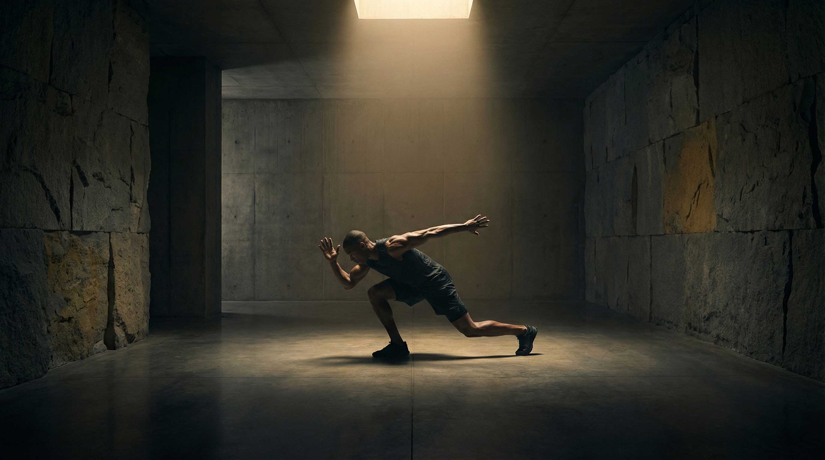 Corpo umano in movimento in uno spazio architettonico minimal, rappresentazione dell’allenamento individuale.