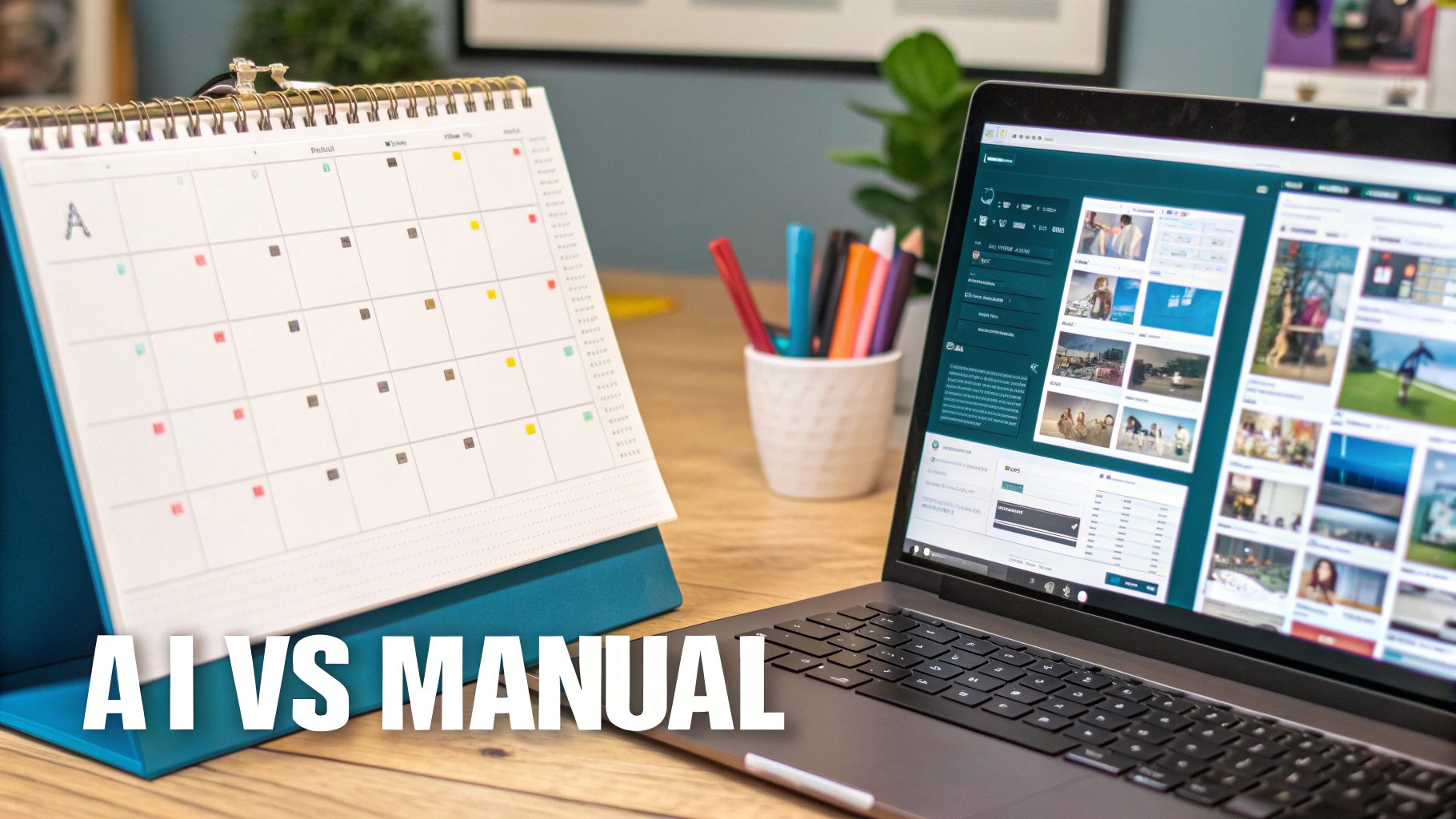 A desk setup featuring a physical calendar next to a laptop displaying content scheduling software.