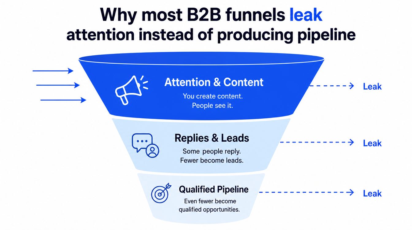 A diagram illustrating how B2B marketing funnels leak attention at each stage of the lead generation process.