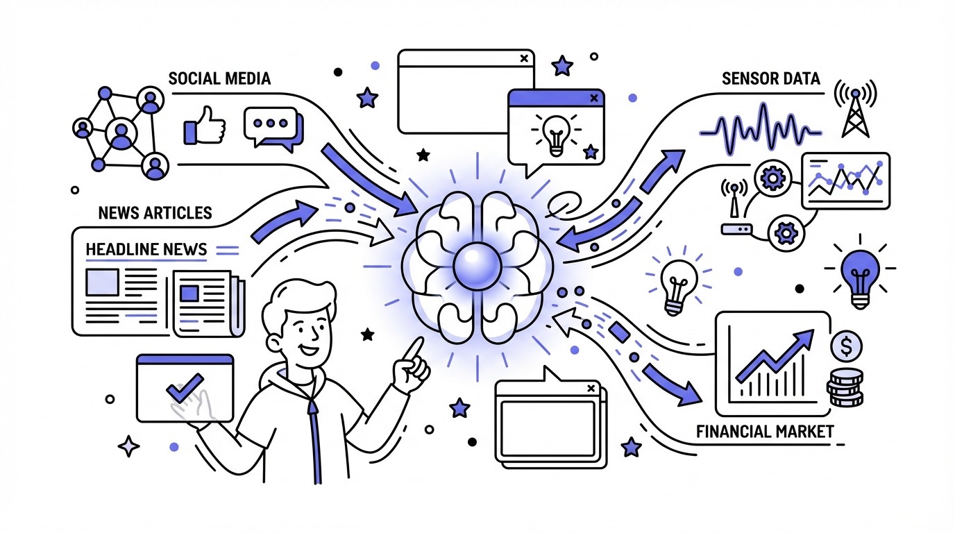 A diagram showing a central glowing AI system processing diverse digital data streams, including social media, news, sensor data, and financial information, represented by icons flowing into the core.