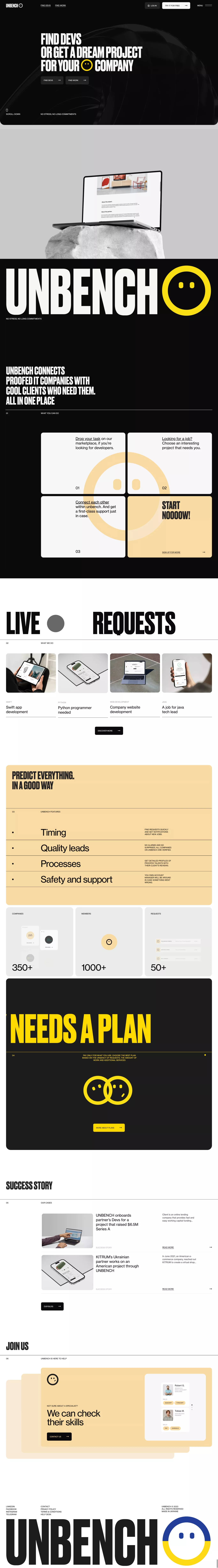 Unbench landing page screenshot showcasing HR and Tech design