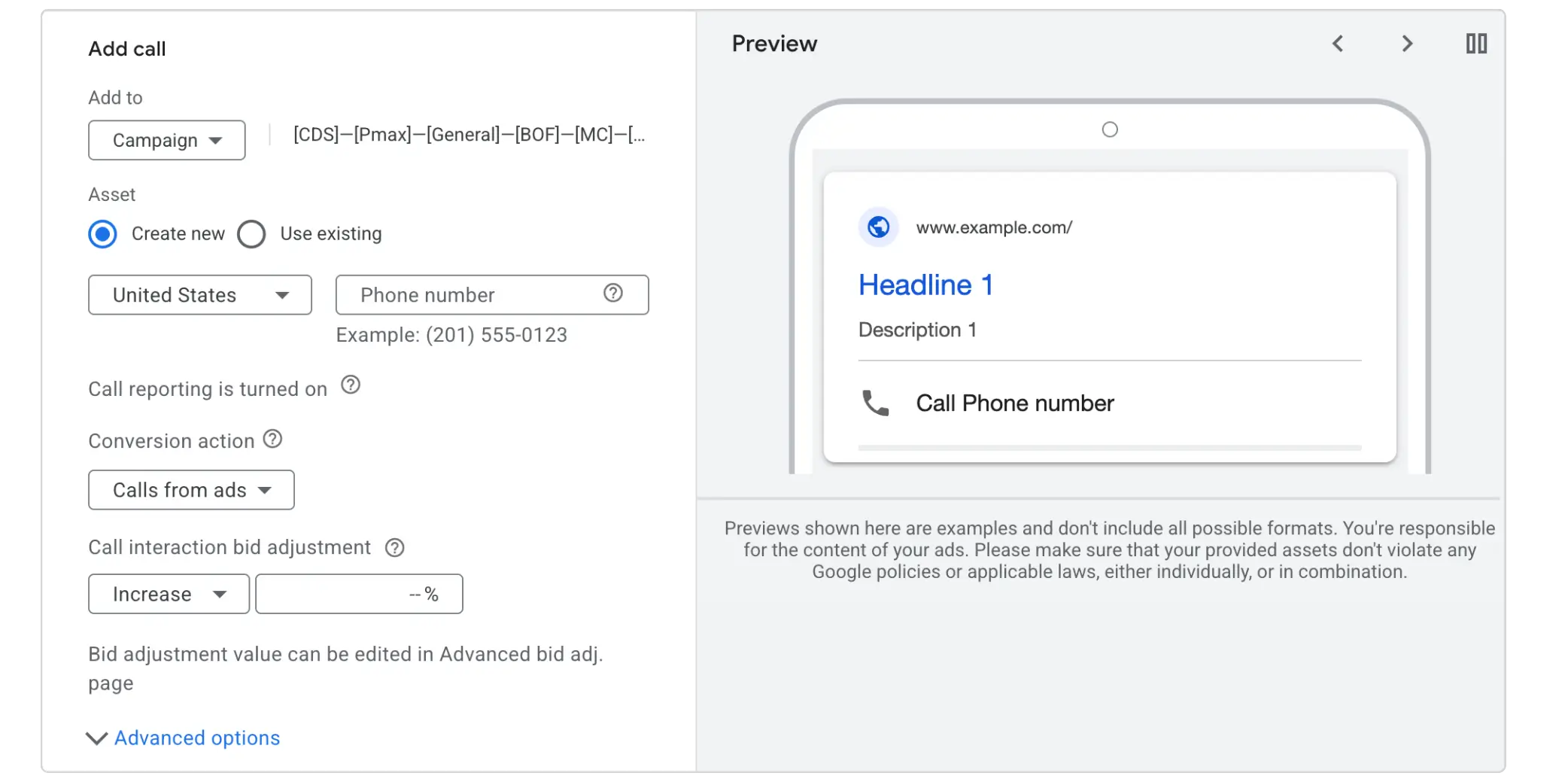 Call asset in google ads