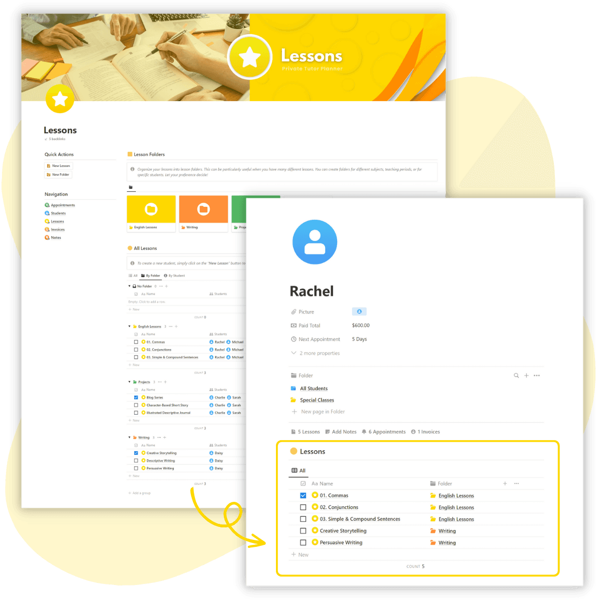 Private Tutor Planner Notion Template screen captures with yellow accents showcasing simplified lesson planning, clear schedules, easy organization, and student-specific tagging for easy reference.