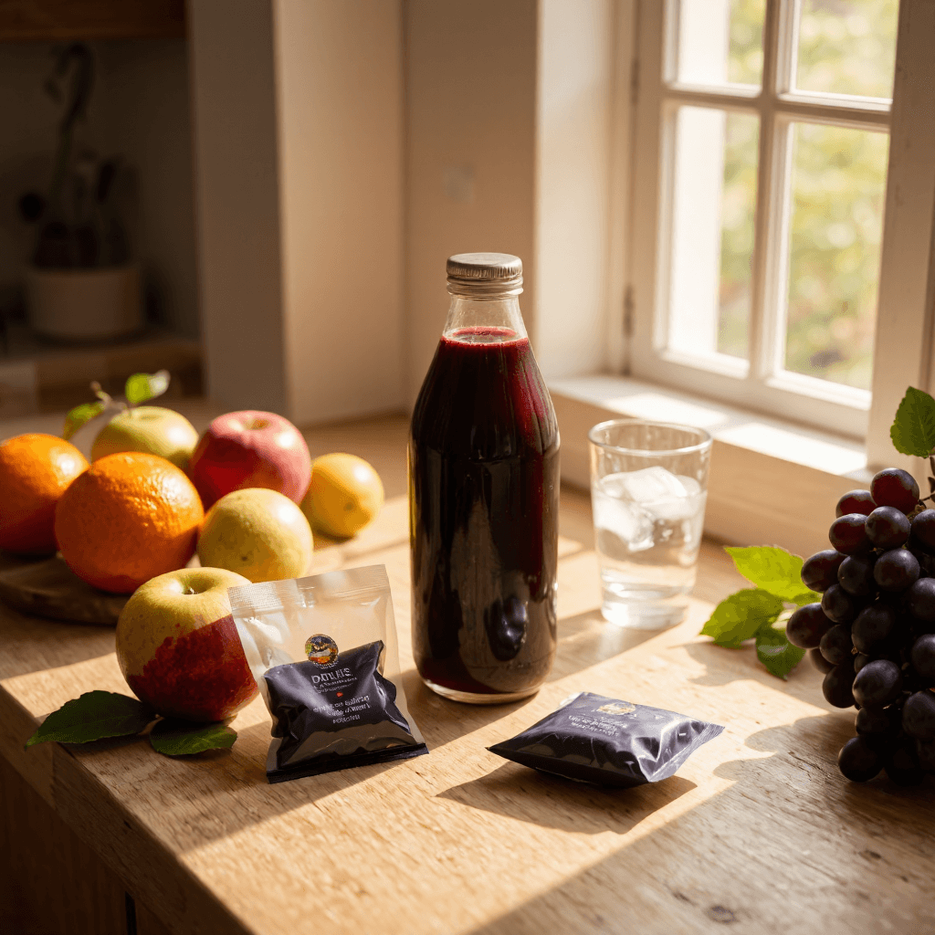 product photography of a bottle of dark purple juice and two small pouches