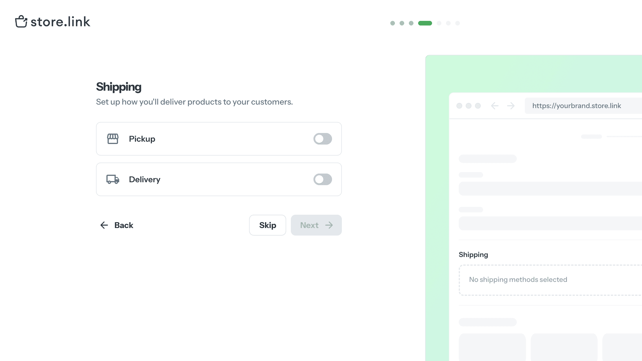 Store.link shipping setup screen for choosing pickup and delivery options with no methods selected yet.
