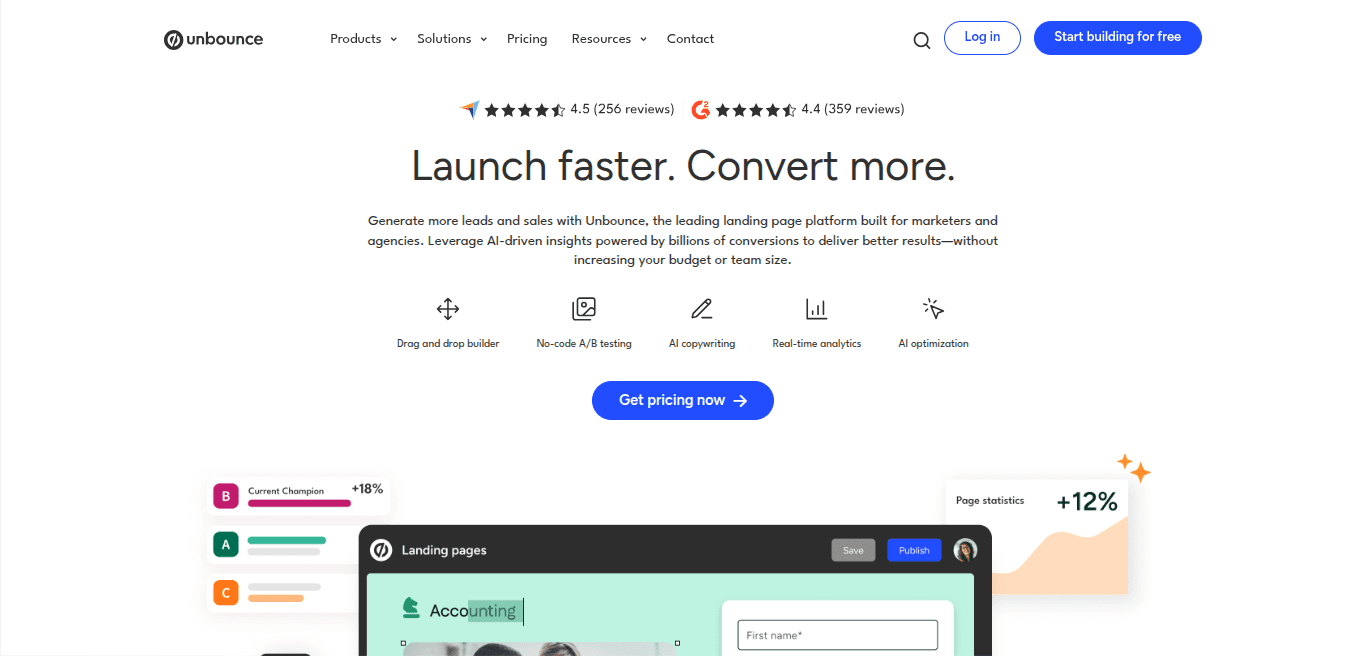 Unbounce Dashboard Screen shot