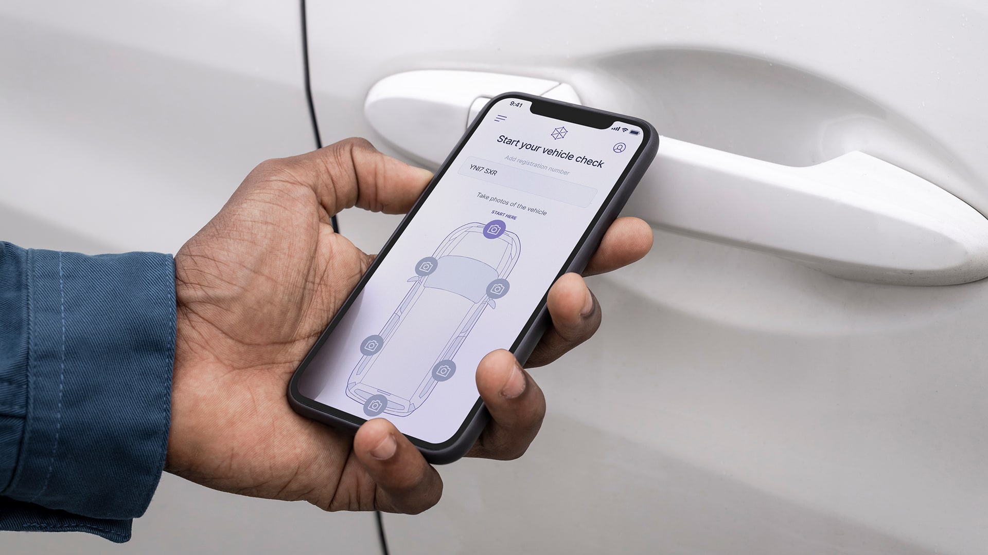 Ebbon Intelligence vehicle check app showing photo capture guide beside a car