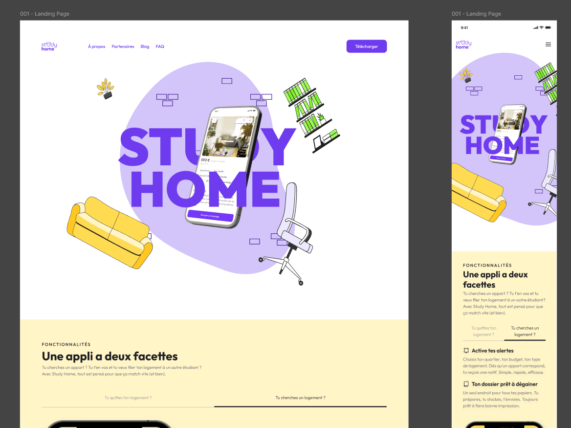 Une homepage d'interface web, destinée à mettre en avant le service Studyhome sur internet.