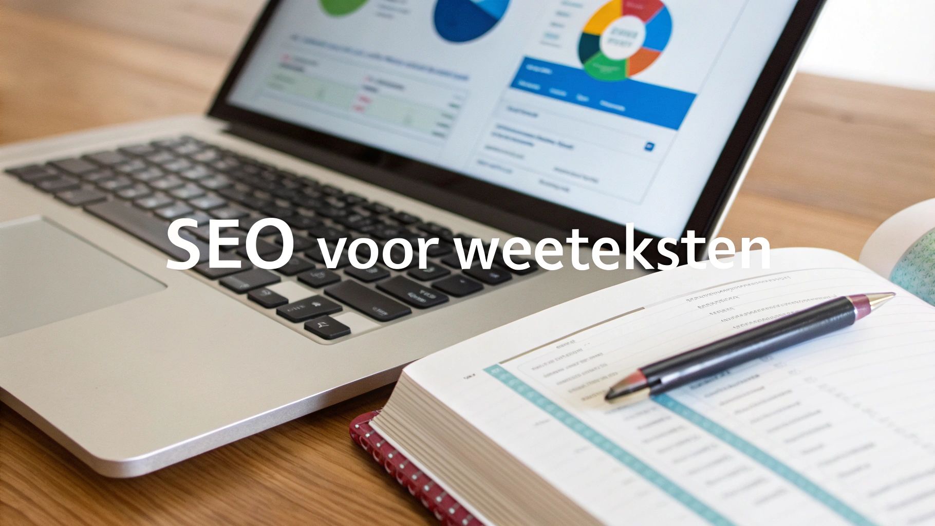 Een persoon die aantekeningen maakt over SEO-strategie naast een laptop, wat de integratie van zoekwoorden in webteksten symboliseert